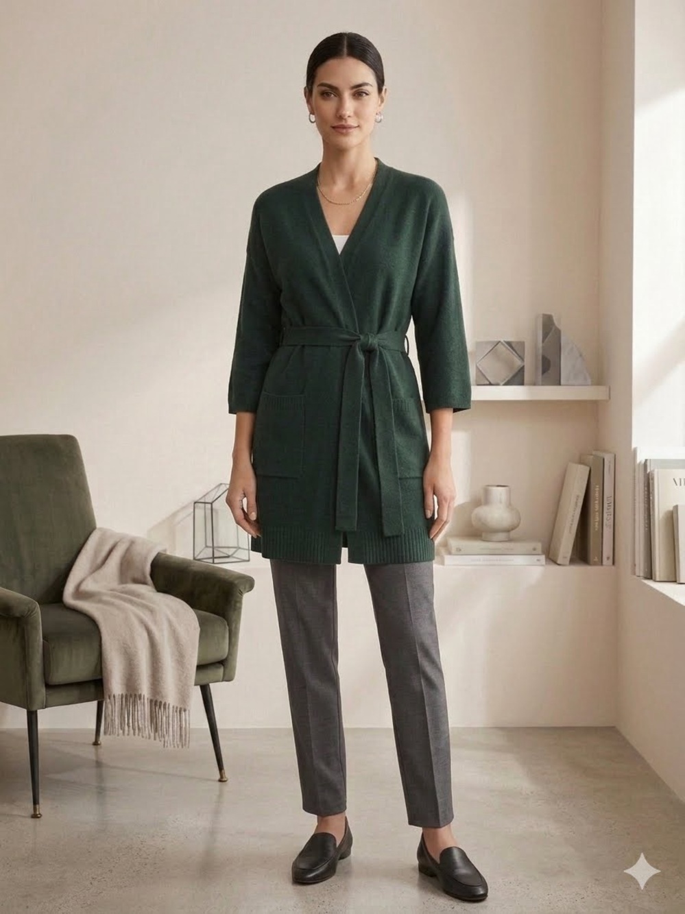 Halogen Luxury 100% Cashmere Forest Green Belted Kimono Cardigan Soft Cozy
